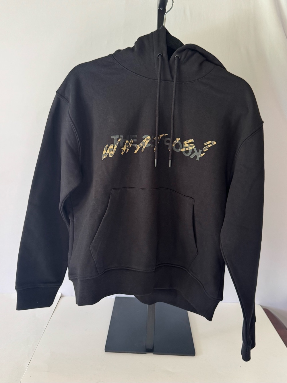 Kooples Men's Heavy Black Hoodie with Camo Script in size small